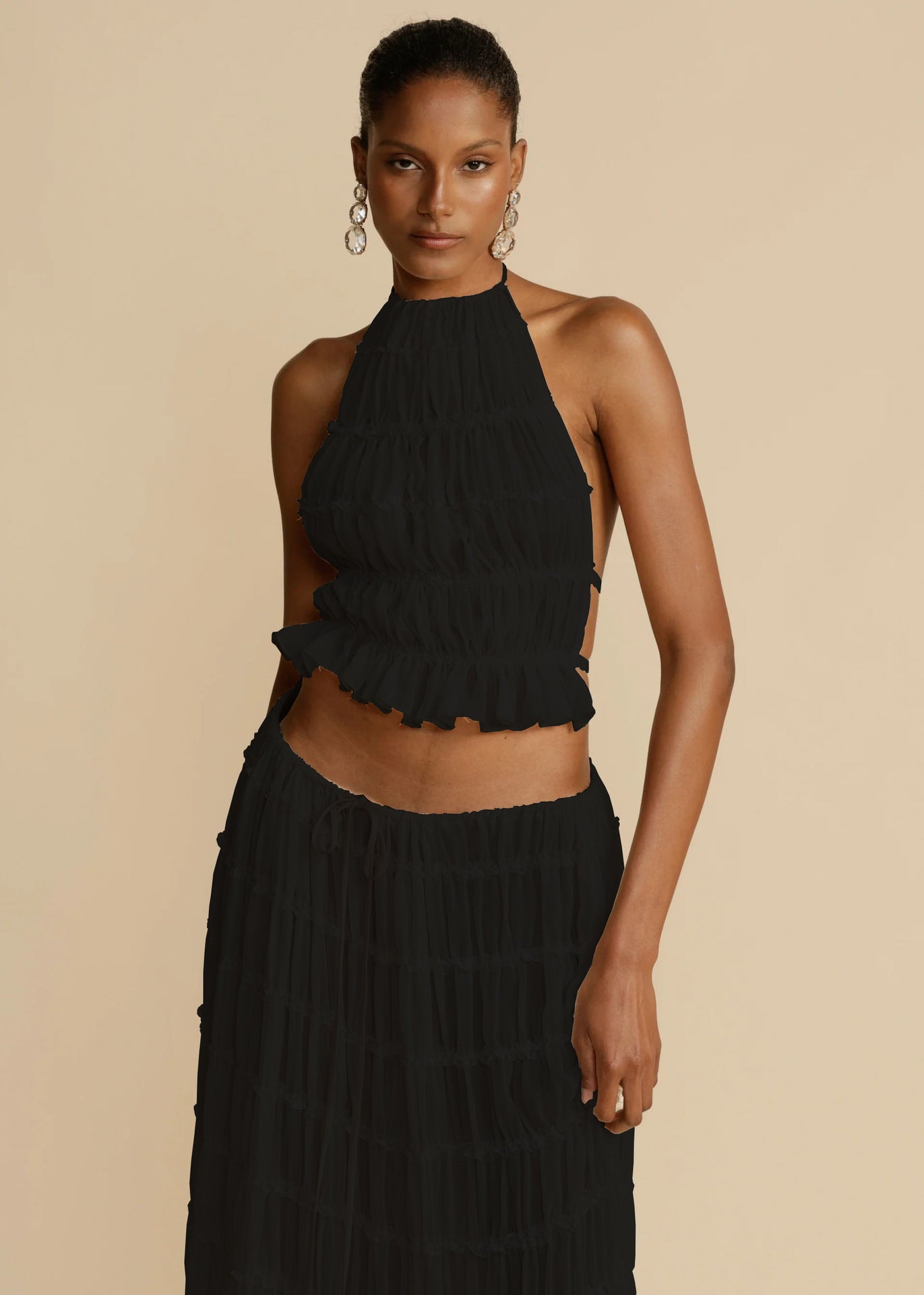 Backless Beauty - 2pcs Halter Top & Maxi Pleated Skirt