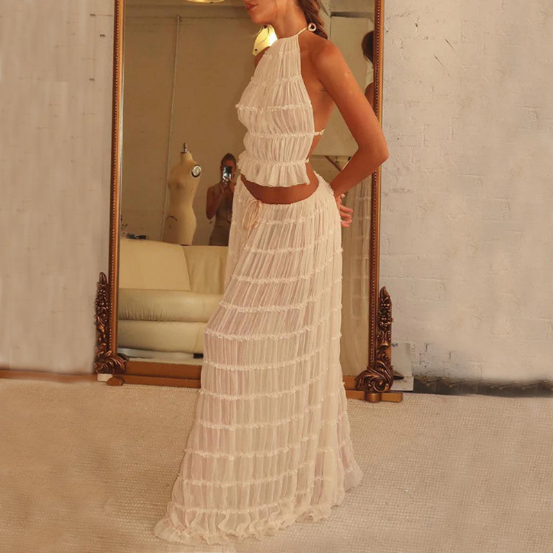 Backless Beauty - 2pcs Halter Top & Maxi Pleated Skirt