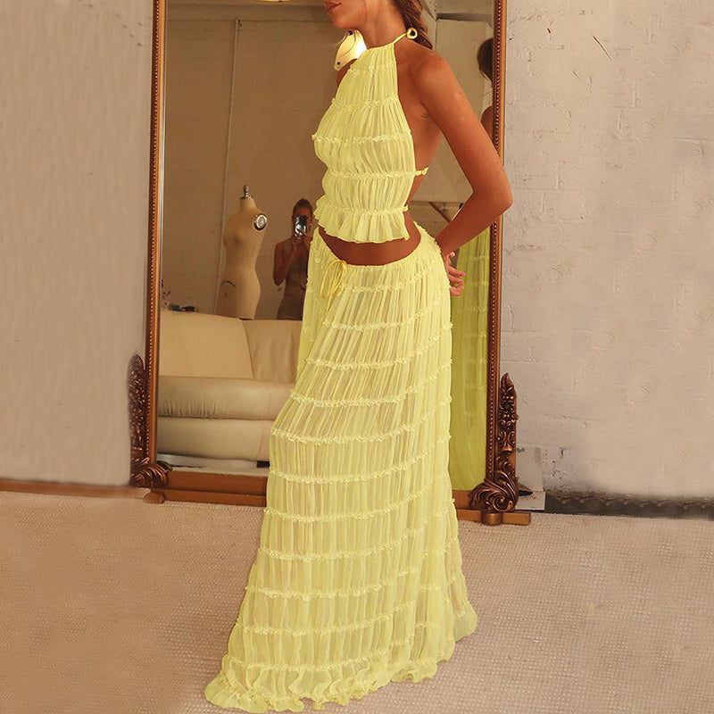 Backless Beauty - 2pcs Halter Top & Maxi Pleated Skirt