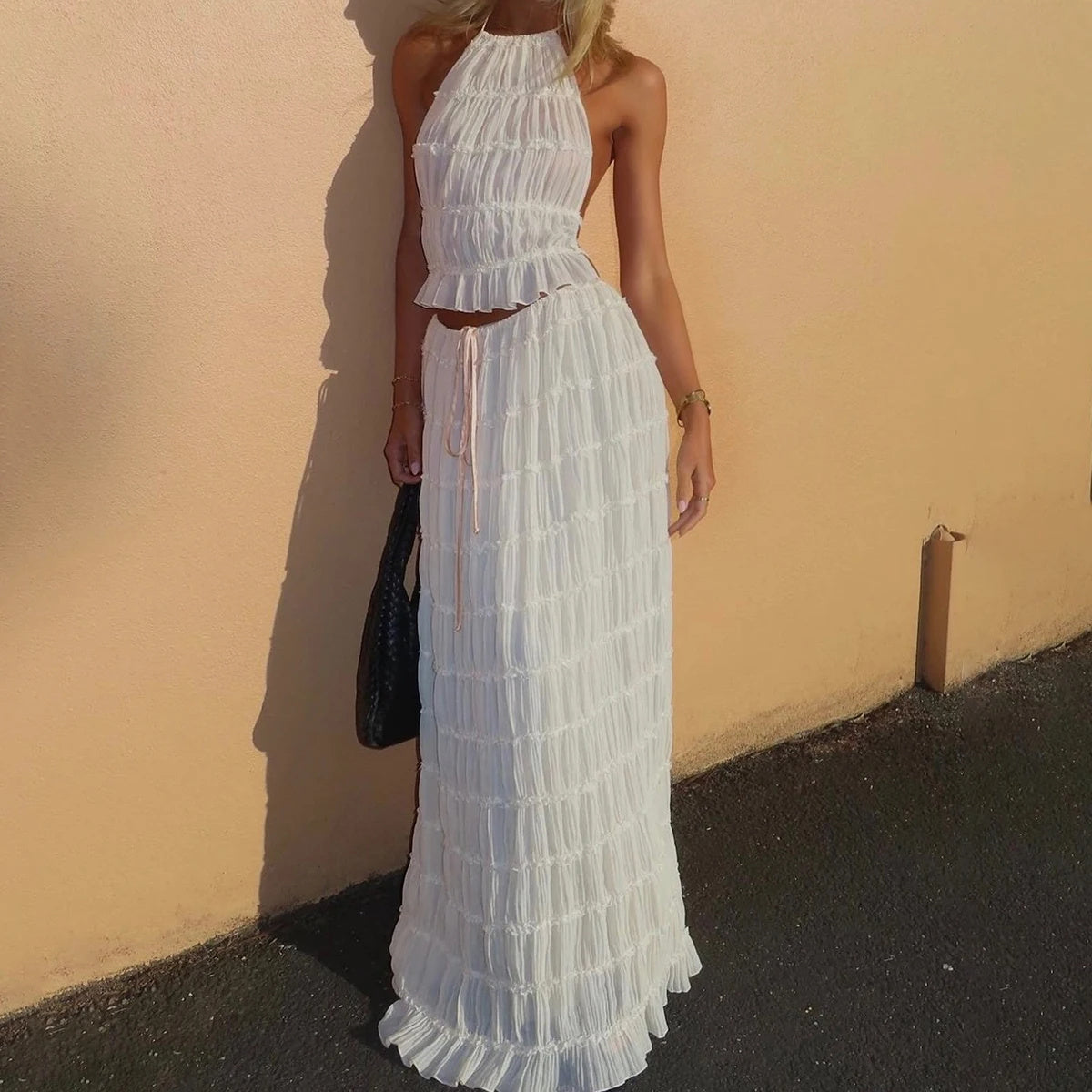Backless Beauty - 2pcs Halter Top & Maxi Pleated Skirt