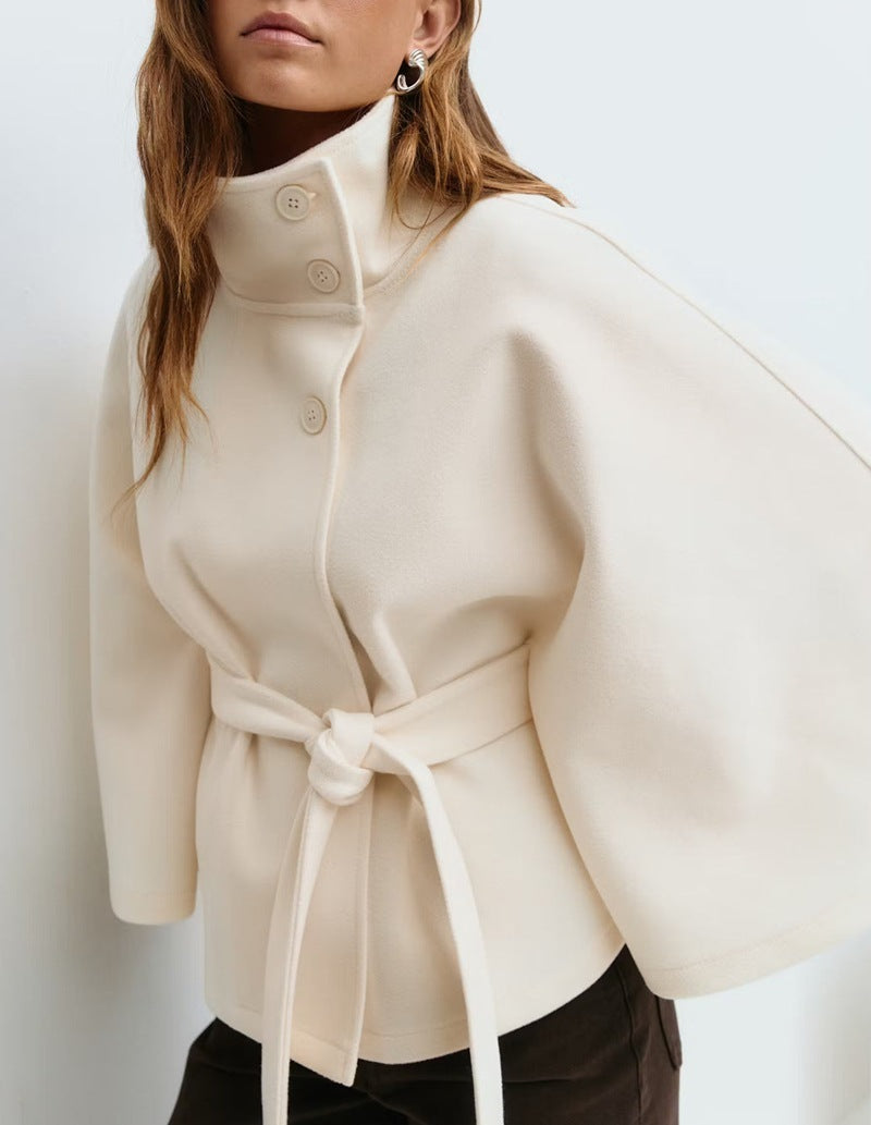 Women's Winter High Neck Batwing Sleeve Belted Trench Coat