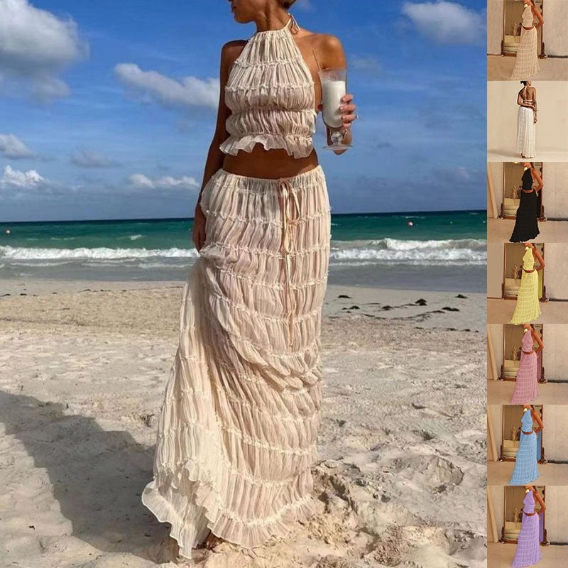 Backless Beauty - 2pcs Halter Top & Maxi Pleated Skirt