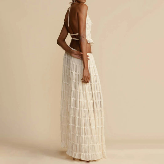 Backless Beauty - 2pcs Halter Top & Maxi Pleated Skirt