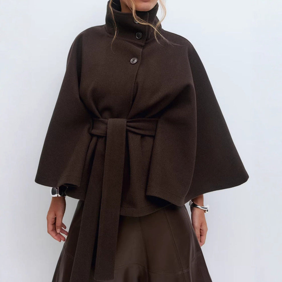 Women's Winter High Neck Batwing Sleeve Belted Trench Coat