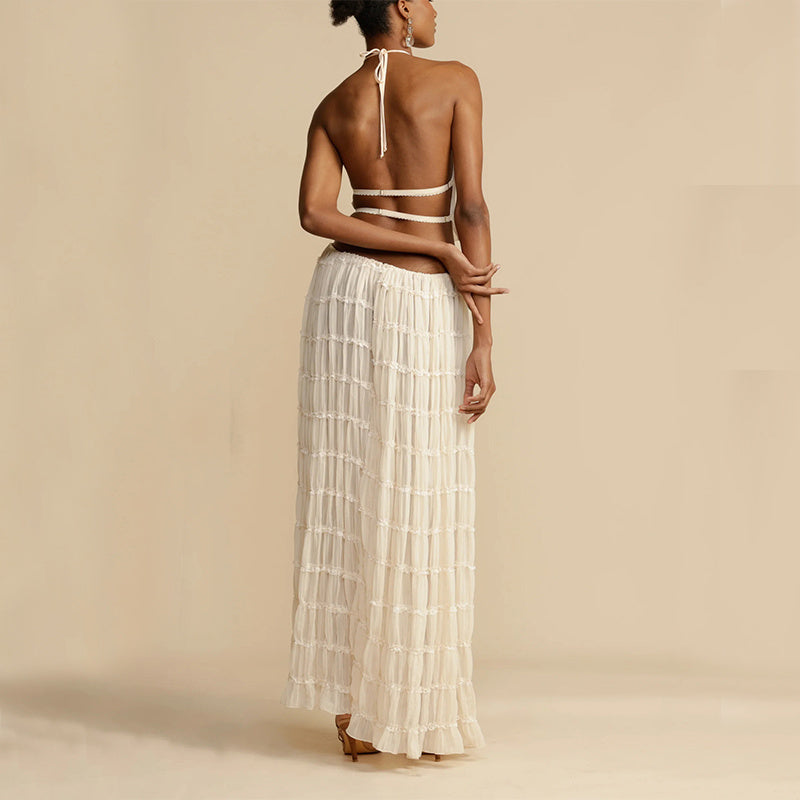 Backless Beauty - 2pcs Halter Top & Maxi Pleated Skirt