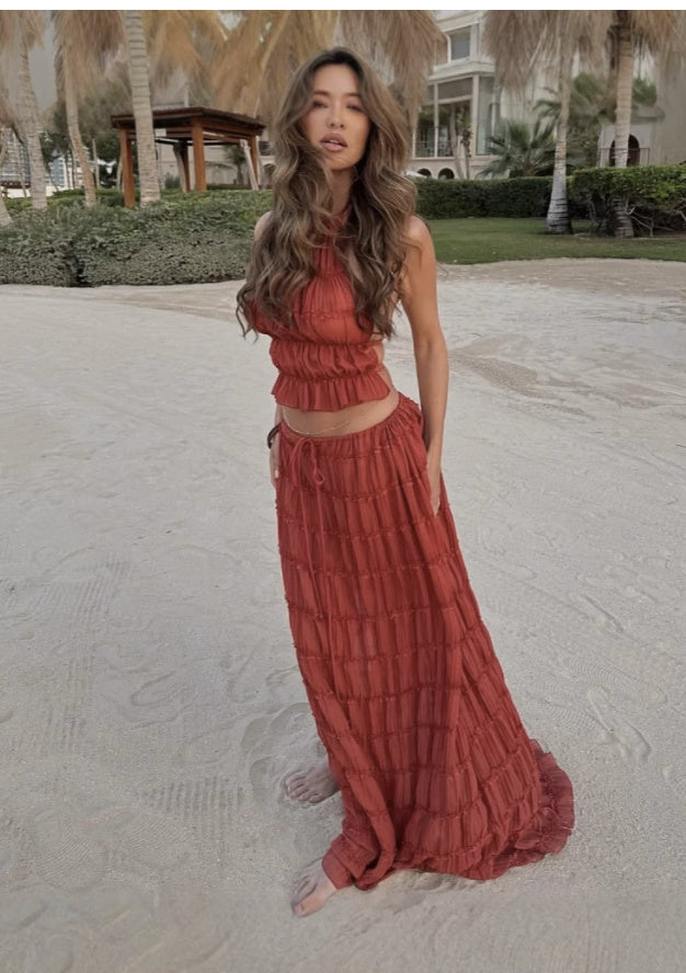 Backless Beauty - 2pcs Halter Top & Maxi Pleated Skirt