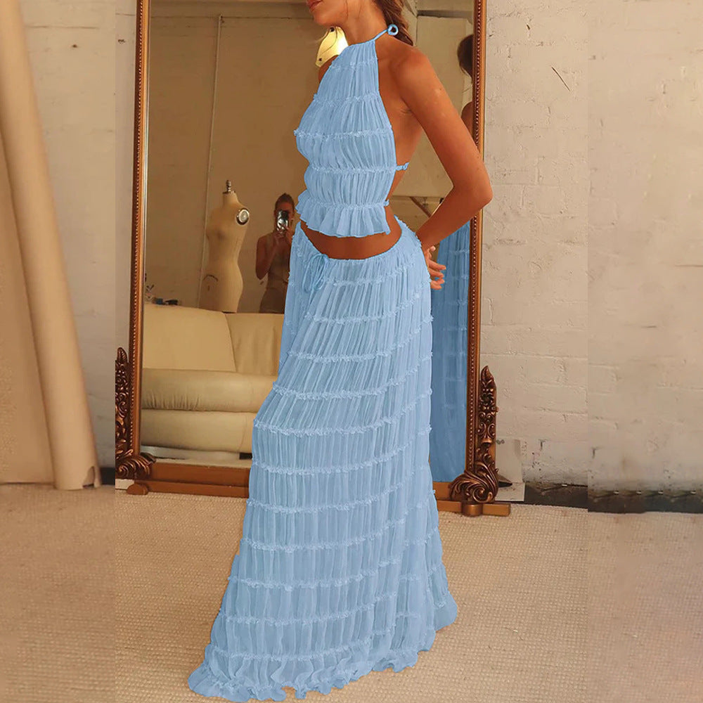 Backless Beauty - 2pcs Halter Top & Maxi Pleated Skirt