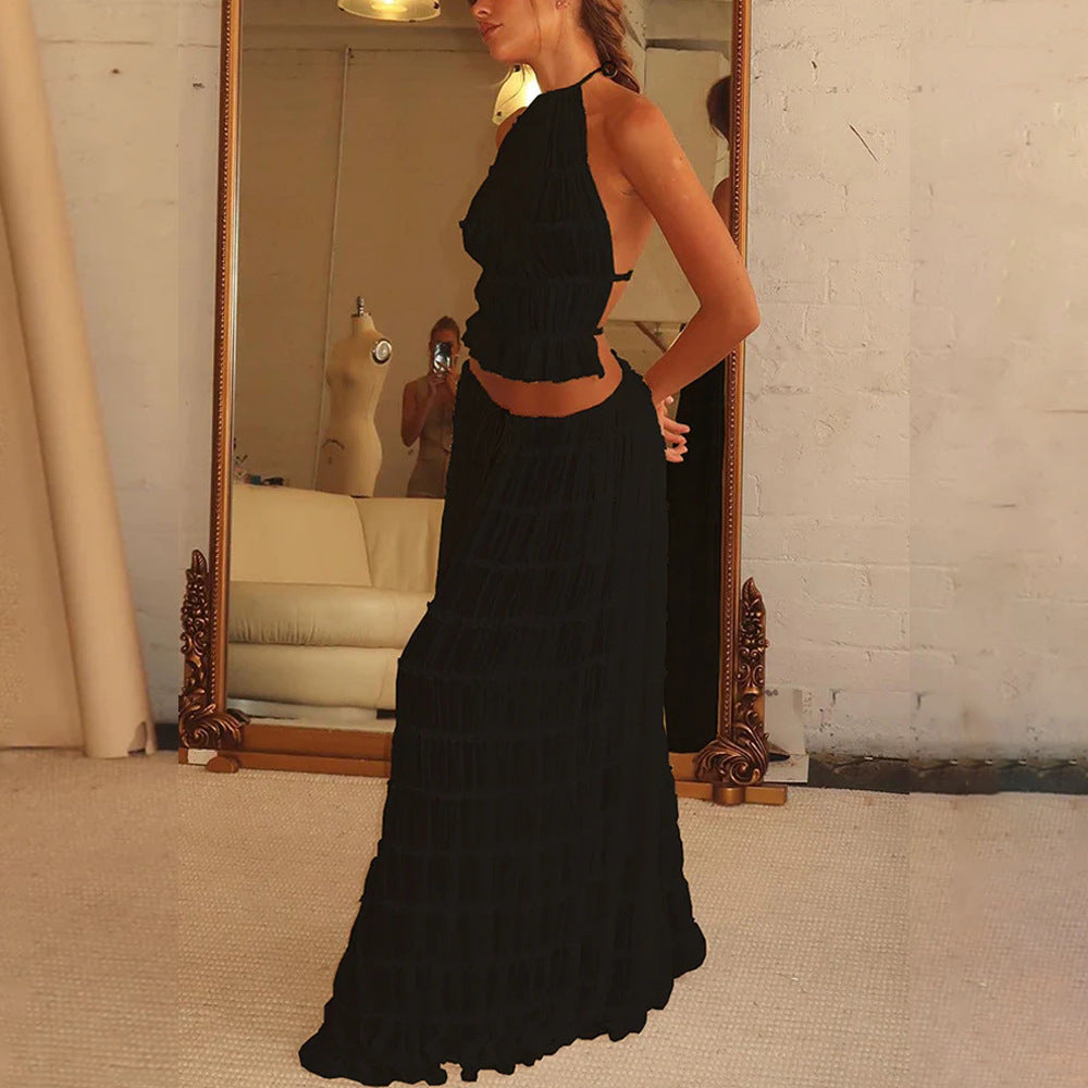 Backless Beauty - 2pcs Halter Top & Maxi Pleated Skirt