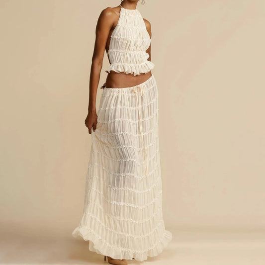 Backless Beauty - 2pcs Halter Top & Maxi Pleated Skirt