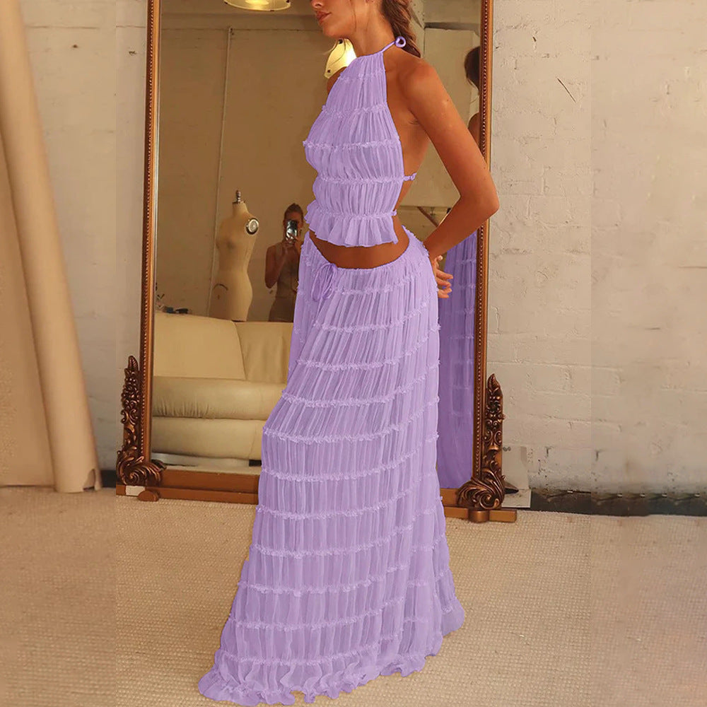 Backless Beauty - 2pcs Halter Top & Maxi Pleated Skirt