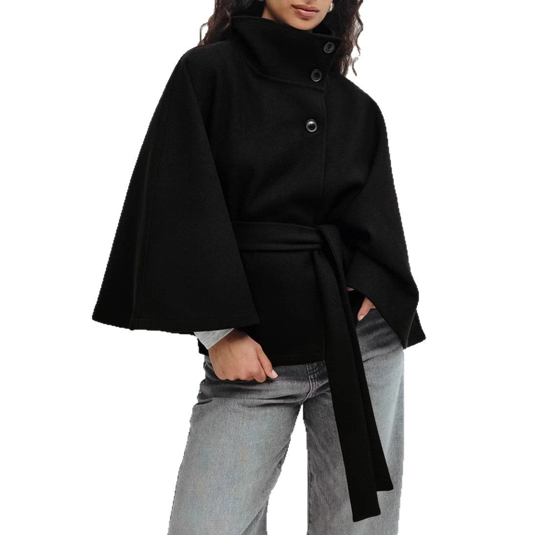 Women's Winter High Neck Batwing Sleeve Belted Trench Coat