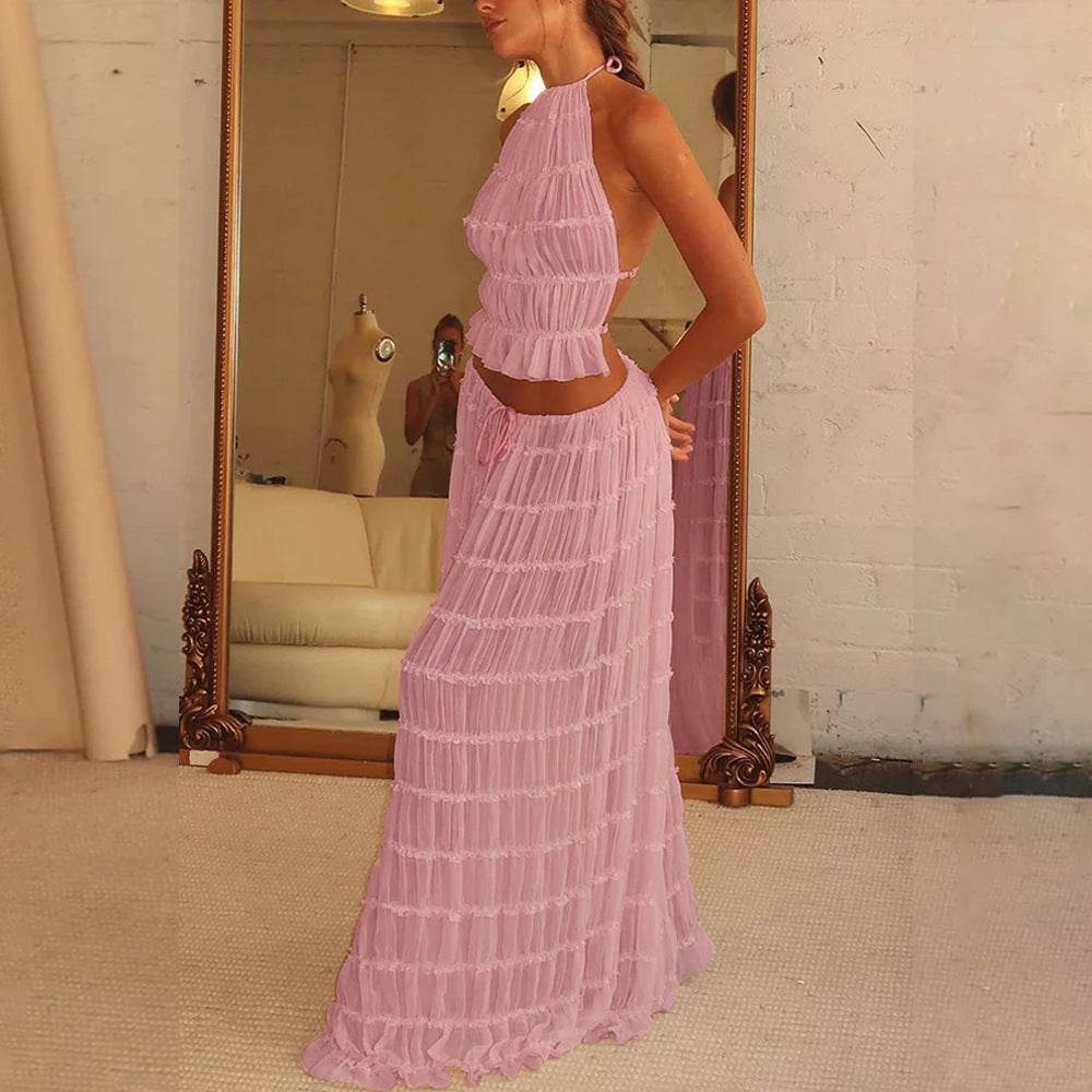 Backless Beauty - 2pcs Halter Top & Maxi Pleated Skirt